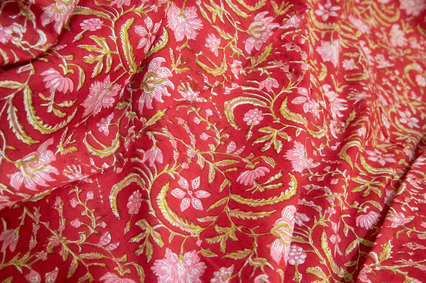 1 yard-Dark red with pink floral vines hand block printed cotton fabric-tote bag /girls dress fabric/quilting/decor/women's dress