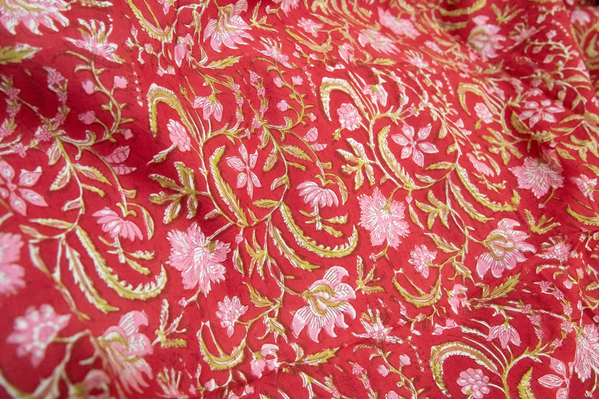 1 yard-Dark red with pink floral vines hand block printed cotton fabric-tote bag /girls dress fabric/quilting/decor/women's dress