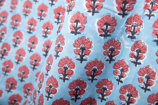 1 yard-Blue with red floral motif hand block printed cotton fabric-tote bag /girls dress fabric/quilting/decor/women's dress