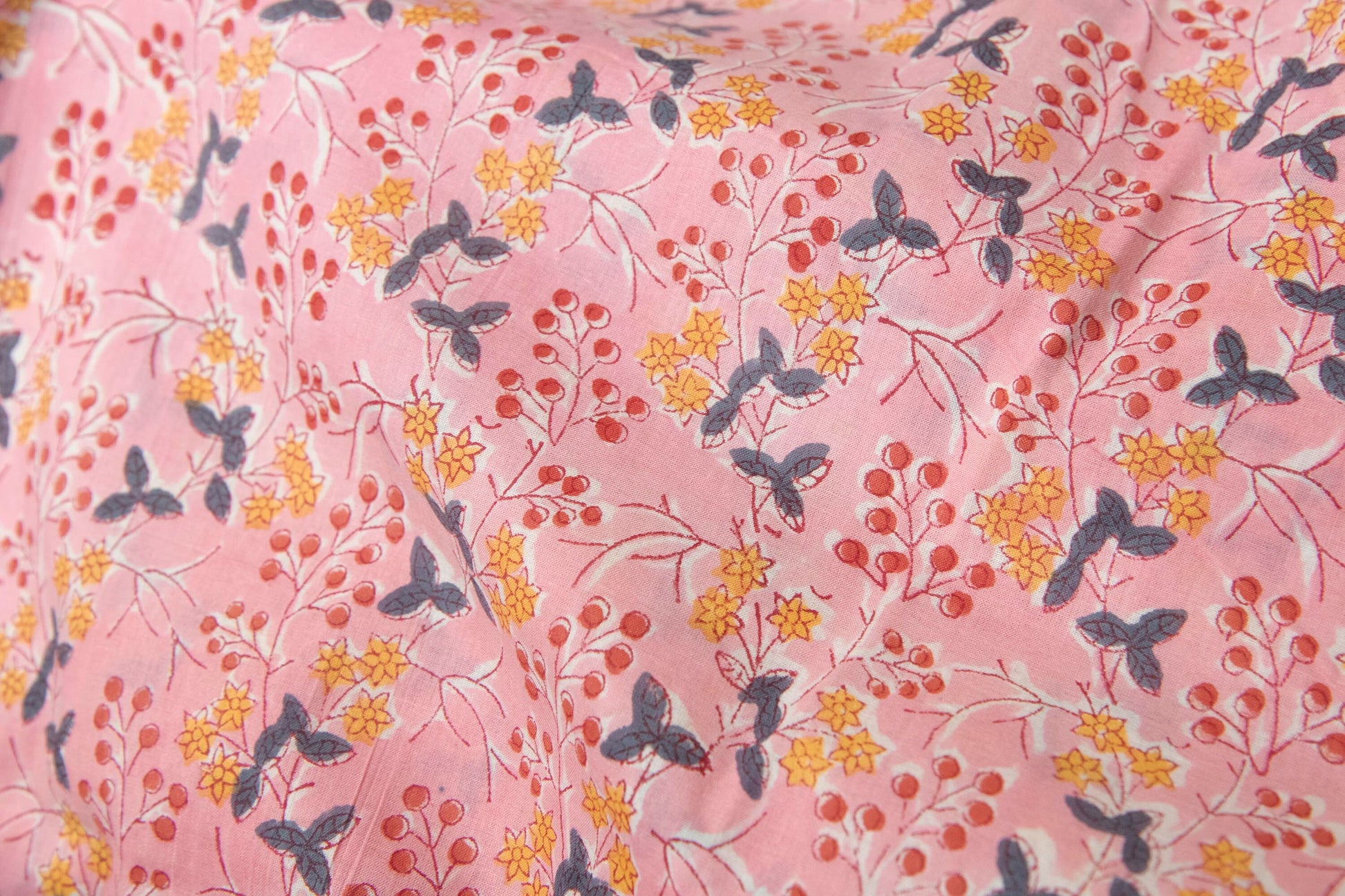 1 yard-Candy pink with red berry and ditsy yellow floral motif hand block printed cotton fabric-girls dress fabric/quilting/decor/ dress