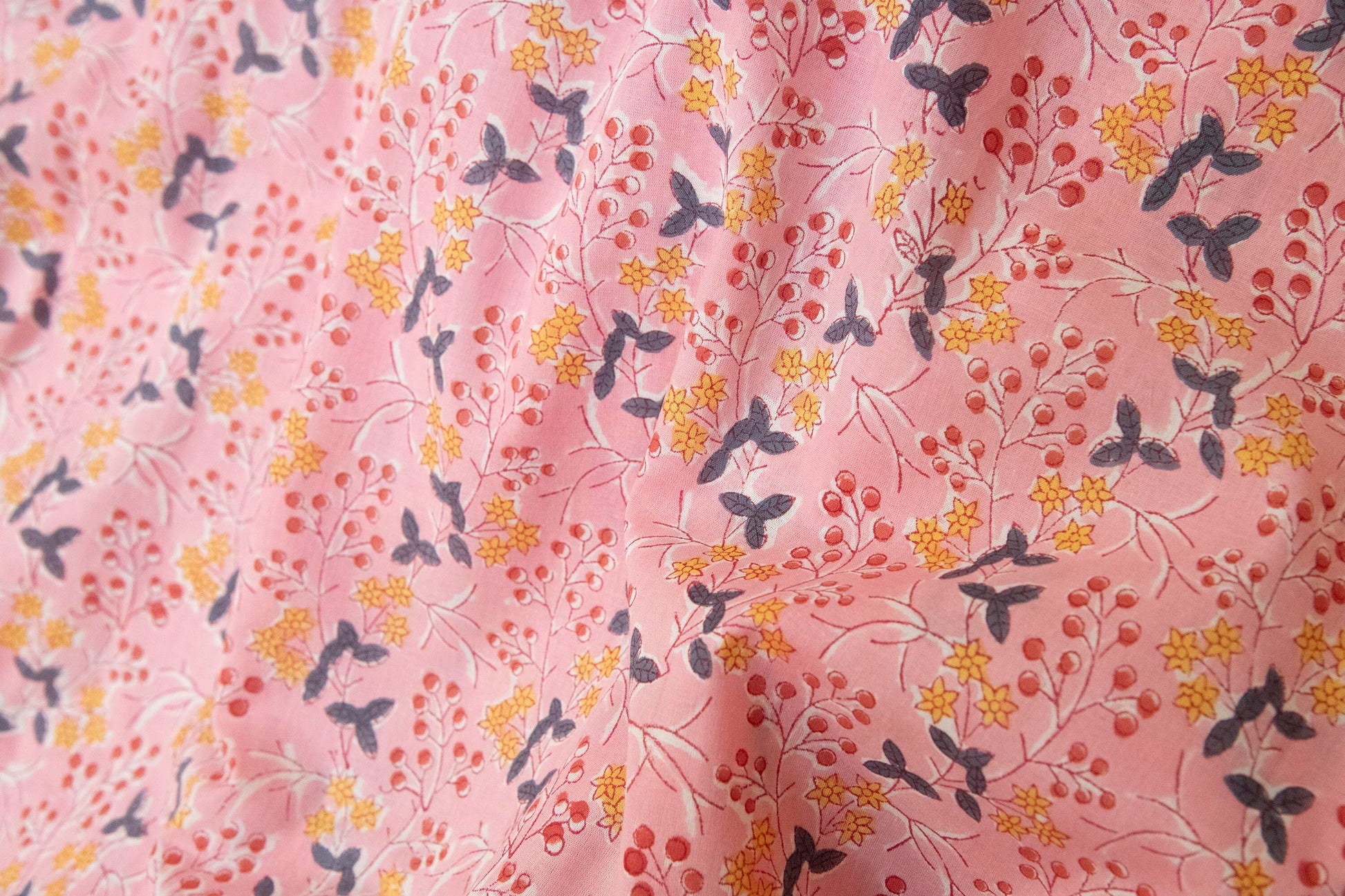 1 yard-Candy pink with red berry and ditsy yellow floral motif hand block printed cotton fabric-girls dress fabric/quilting/decor/ dress