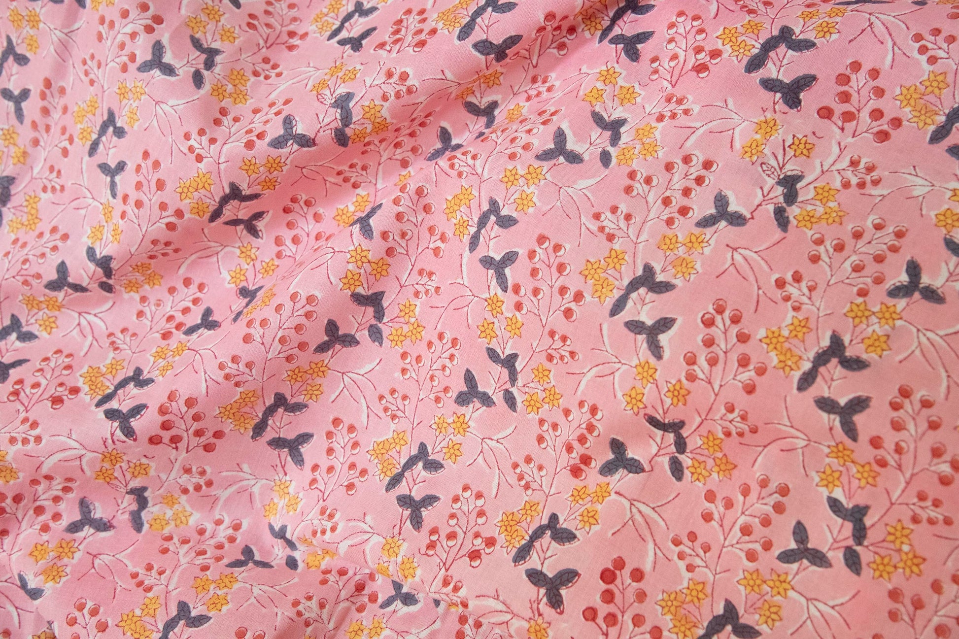 1 yard-Candy pink with red berry and ditsy yellow floral motif hand block printed cotton fabric-girls dress fabric/quilting/decor/ dress