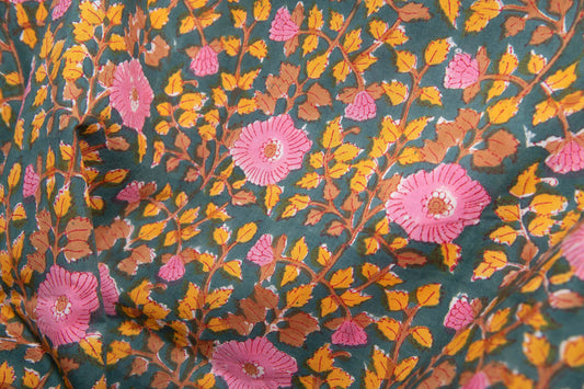 1 yard-Emerald green with bubblegum pink floral /yellow leaves hand block printed cotton fabric-girls dress fabric/quilting/decor/ dress