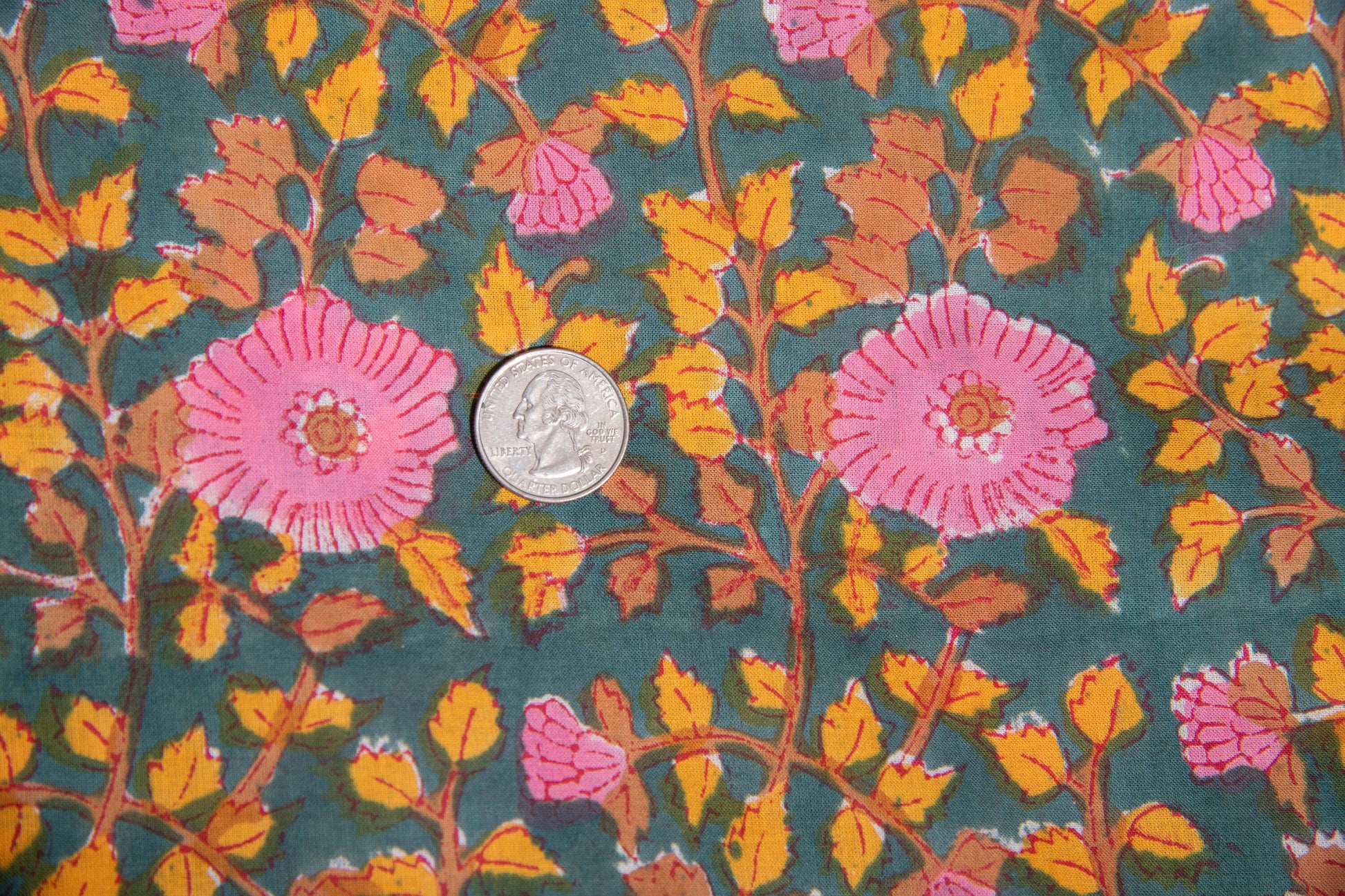 1 yard-Emerald green with bubblegum pink floral /yellow leaves hand block printed cotton fabric-girls dress fabric/quilting/decor/ dress