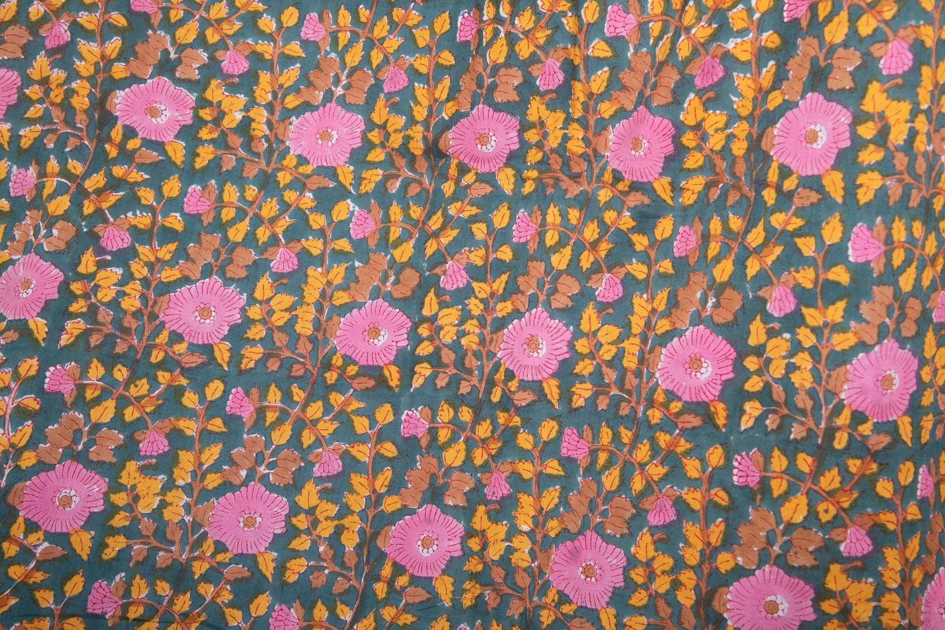 1 yard-Emerald green with bubblegum pink floral /yellow leaves hand block printed cotton fabric-girls dress fabric/quilting/decor/ dress