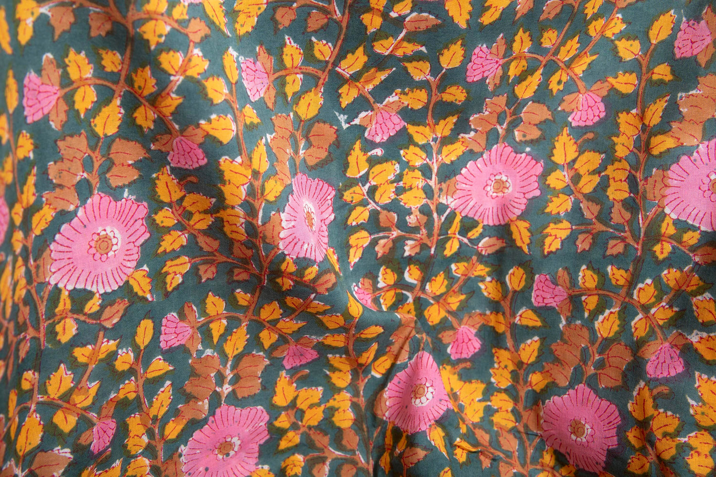 1 yard-Emerald green with bubblegum pink floral /yellow leaves hand block printed cotton fabric-girls dress fabric/quilting/decor/ dress