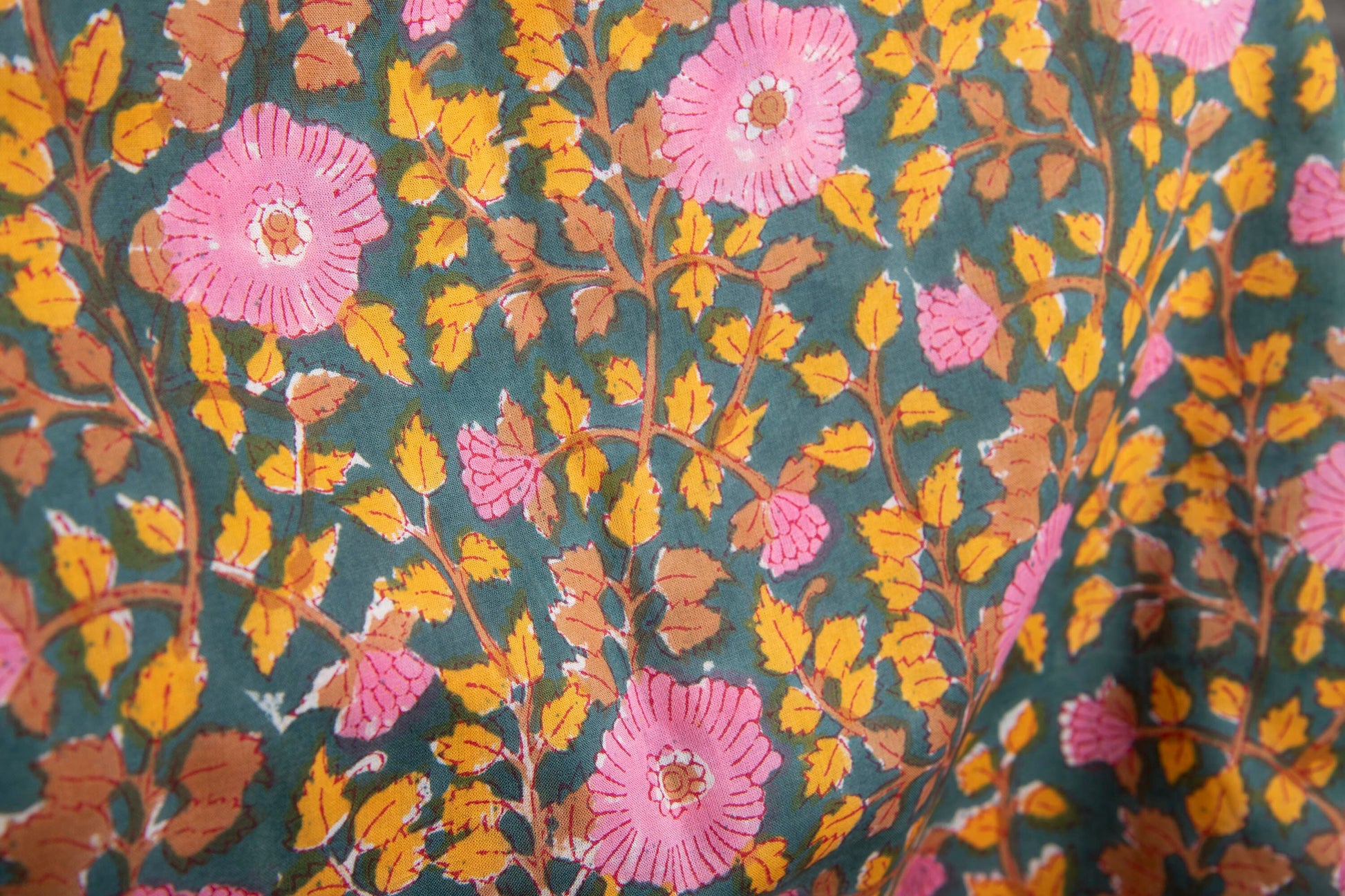 1 yard-Emerald green with bubblegum pink floral /yellow leaves hand block printed cotton fabric-girls dress fabric/quilting/decor/ dress