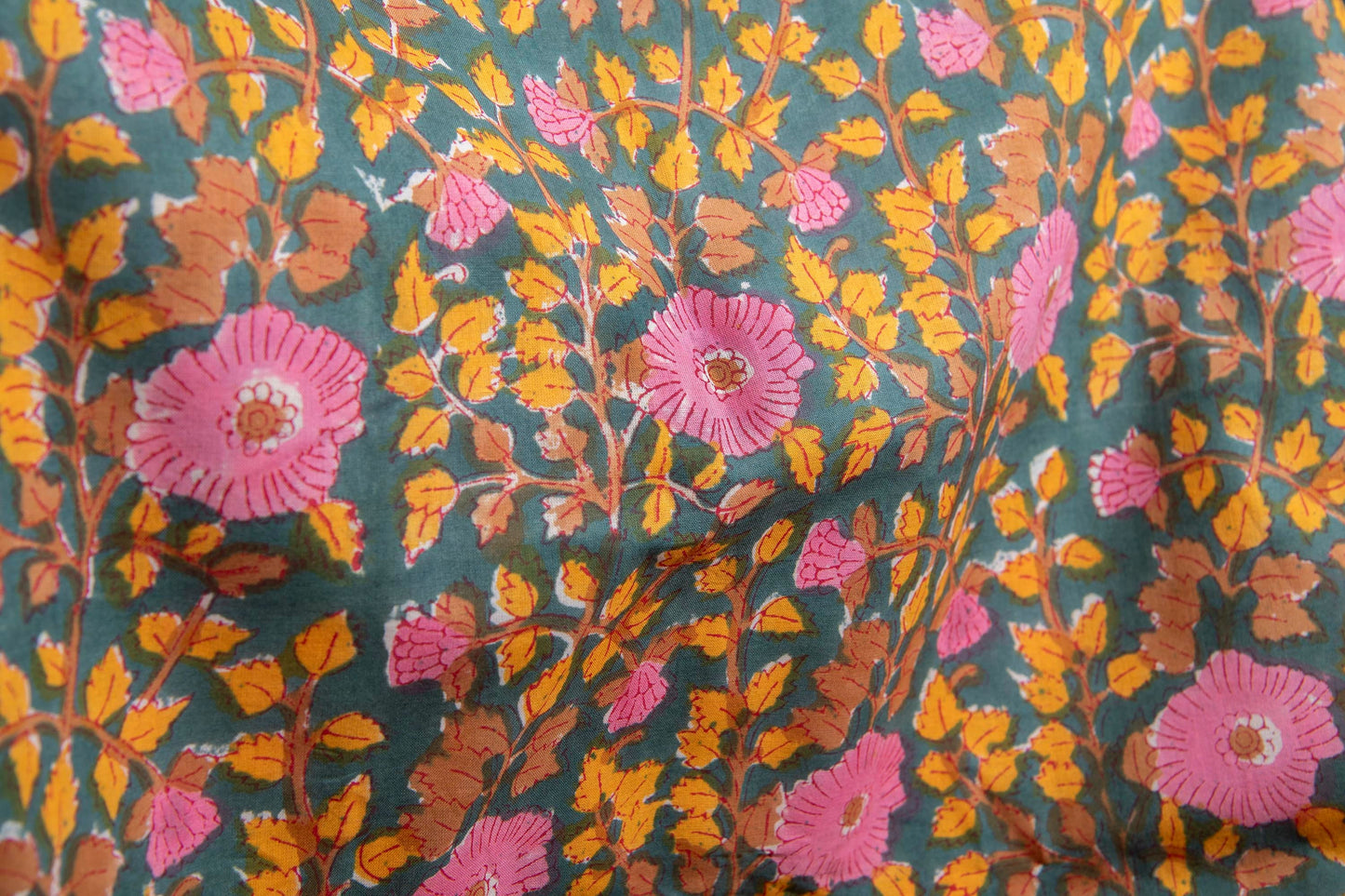 1 yard-Emerald green with bubblegum pink floral /yellow leaves hand block printed cotton fabric-girls dress fabric/quilting/decor/ dress