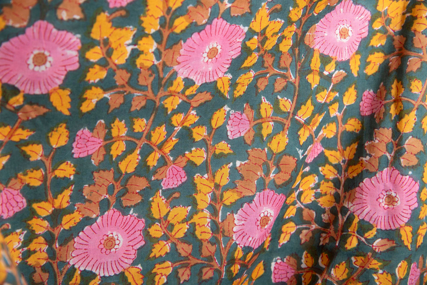 1 yard-Emerald green with bubblegum pink floral /yellow leaves hand block printed cotton fabric-girls dress fabric/quilting/decor/ dress