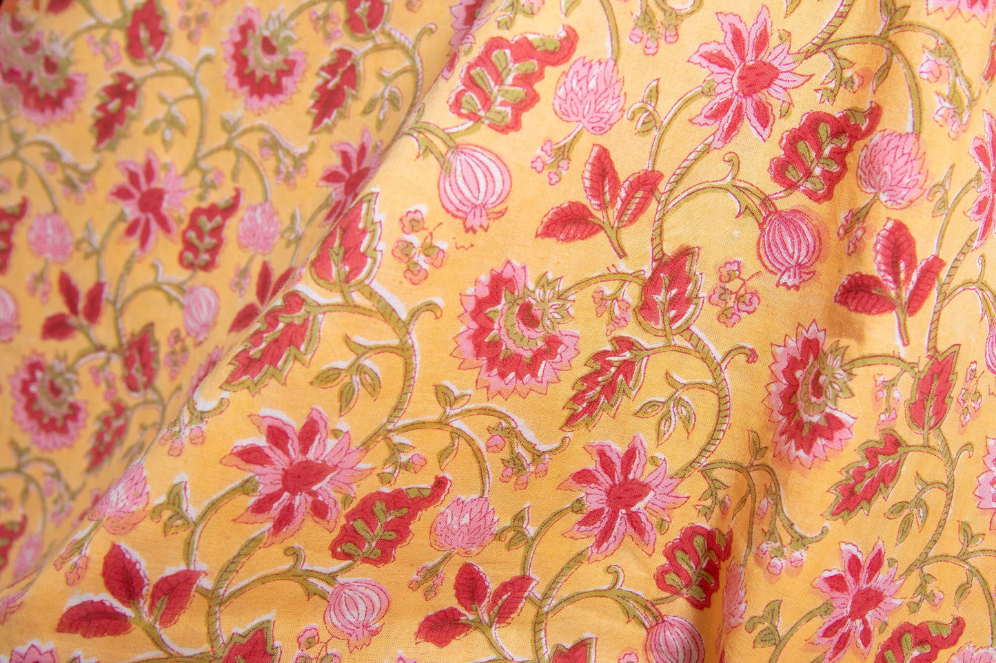 1 yard-Chrome yellow with red and pink floral green vines hand block printed cotton fabric-girls dress fabric/quilting/decor/ dress