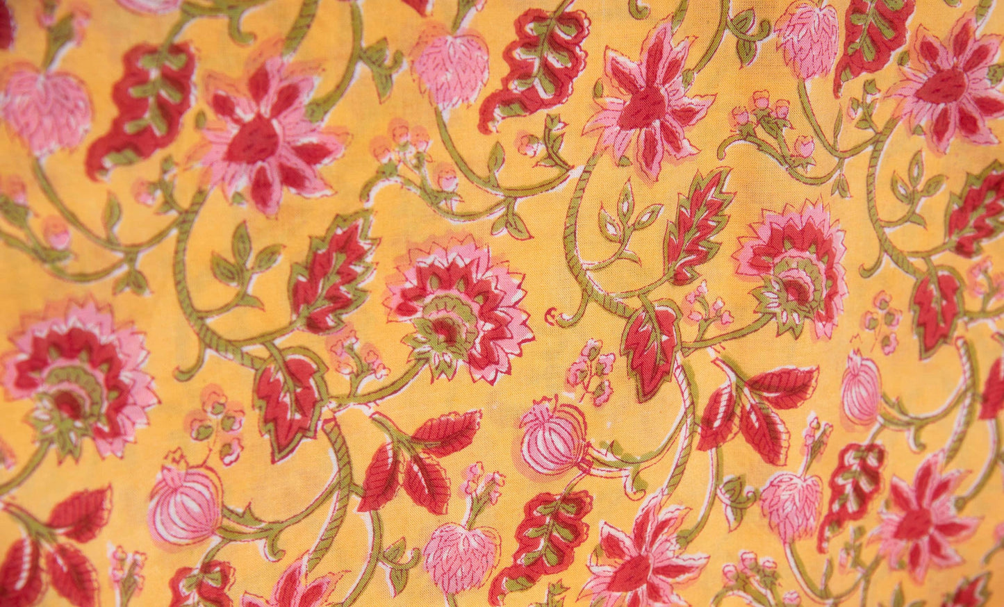 1 yard-Chrome yellow with red and pink floral green vines hand block printed cotton fabric-girls dress fabric/quilting/decor/ dress