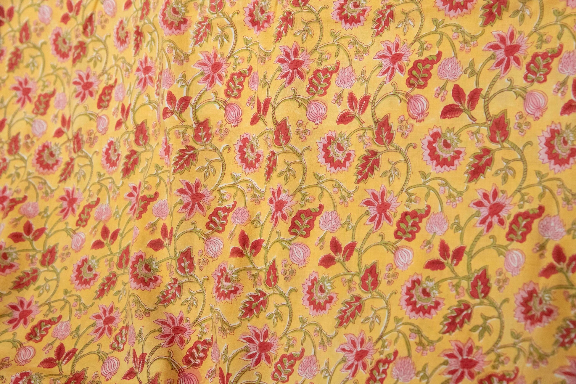 1 yard-Chrome yellow with red and pink floral green vines hand block printed cotton fabric-girls dress fabric/quilting/decor/ dress