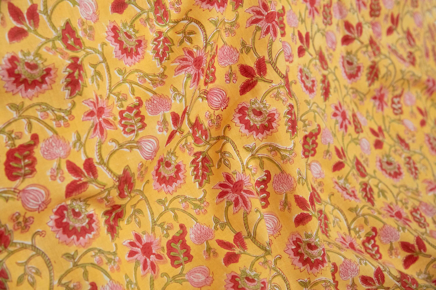 1 yard-Chrome yellow with red and pink floral green vines hand block printed cotton fabric-girls dress fabric/quilting/decor/ dress