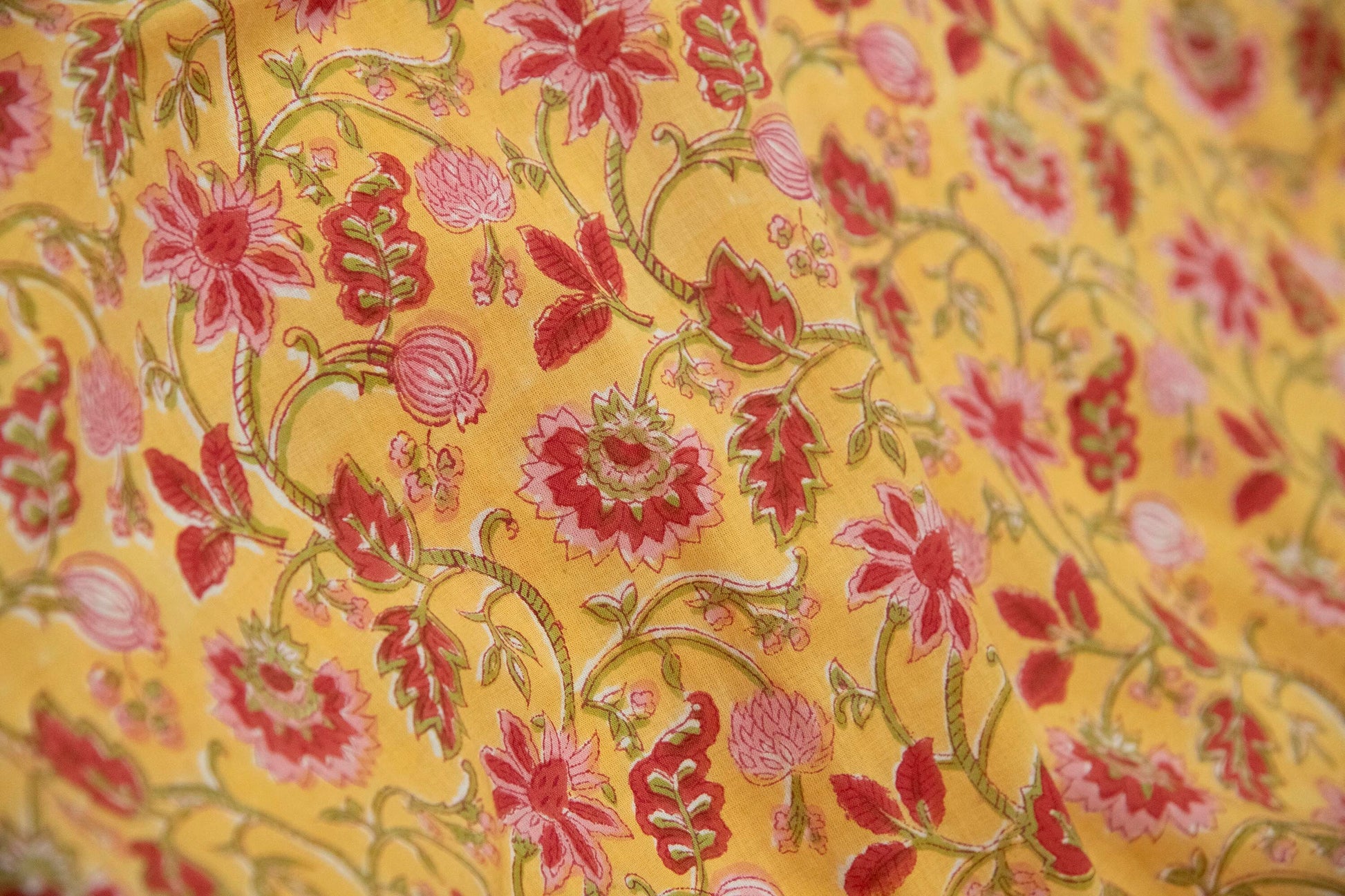 1 yard-Chrome yellow with red and pink floral green vines hand block printed cotton fabric-girls dress fabric/quilting/decor/ dress