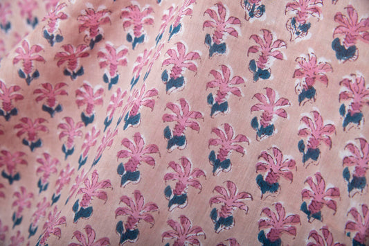 1 yard-Tan beige with dusty pink and blue motifs hand block printed cotton fabric-dress fabric/quilting/decor/hair accessories fabric