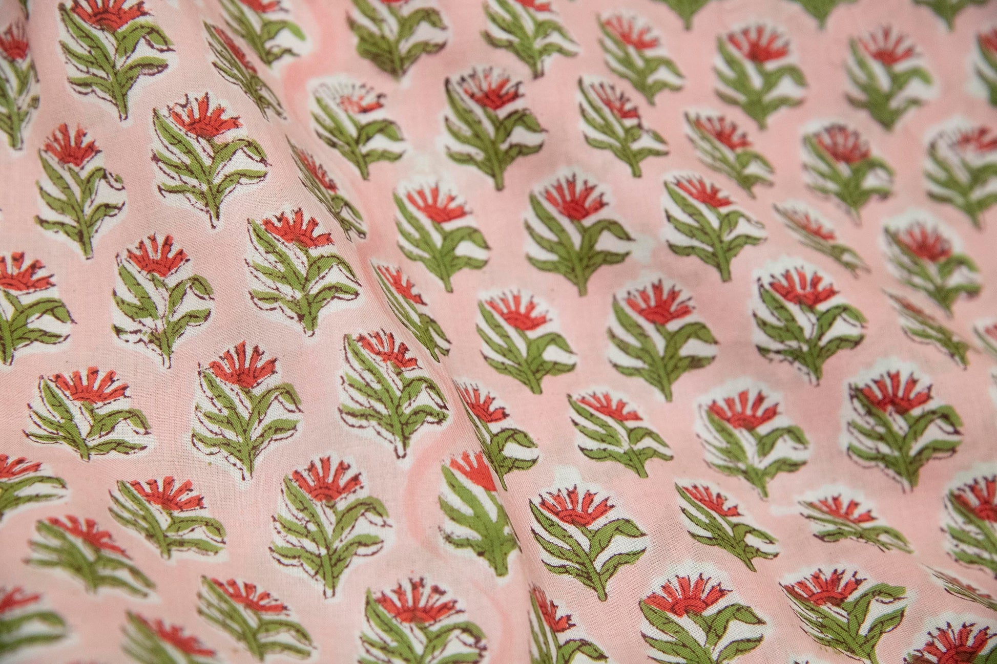 1 yard-Pink with red and green motifs hand block printed cotton fabric-dress fabric/quilting/decor/hair accessories fabric