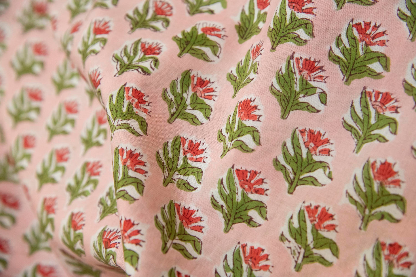 1 yard-Pink with red and green motifs hand block printed cotton fabric-dress fabric/quilting/decor/hair accessories fabric