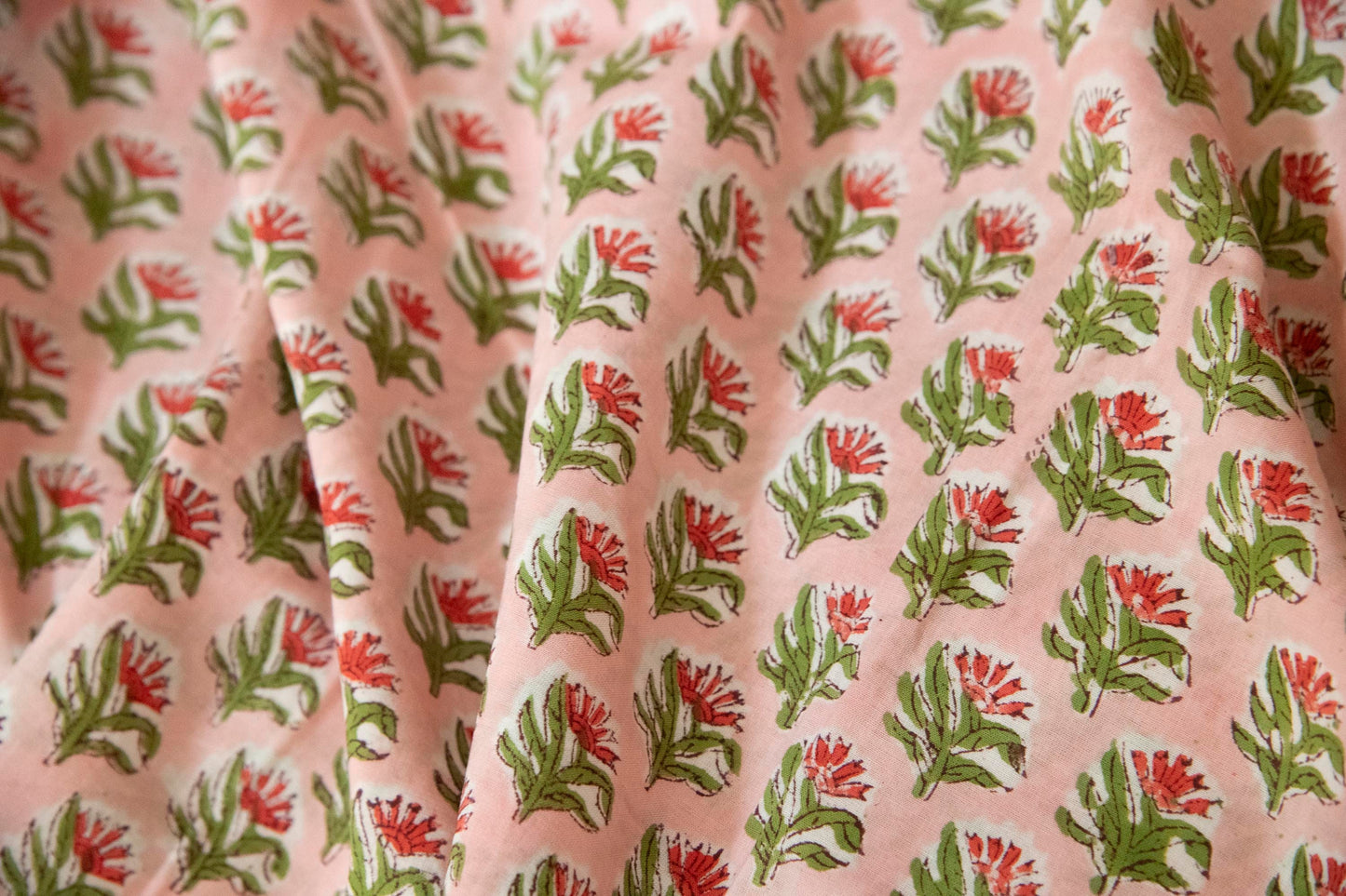 1 yard-Pink with red and green motifs hand block printed cotton fabric-dress fabric/quilting/decor/hair accessories fabric