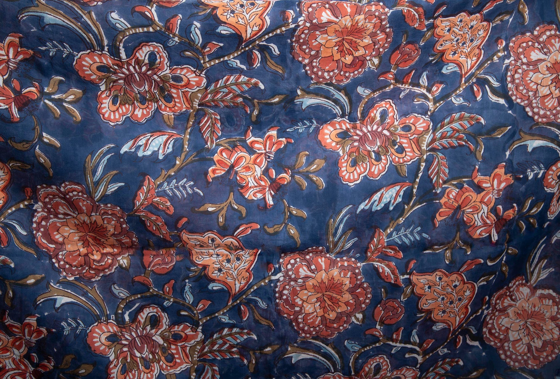 1 yard-Navy blue with rust orange brown floral vine hand block printed cotton fabric-dark blue large floral /quilting/decor/hair bows fabric