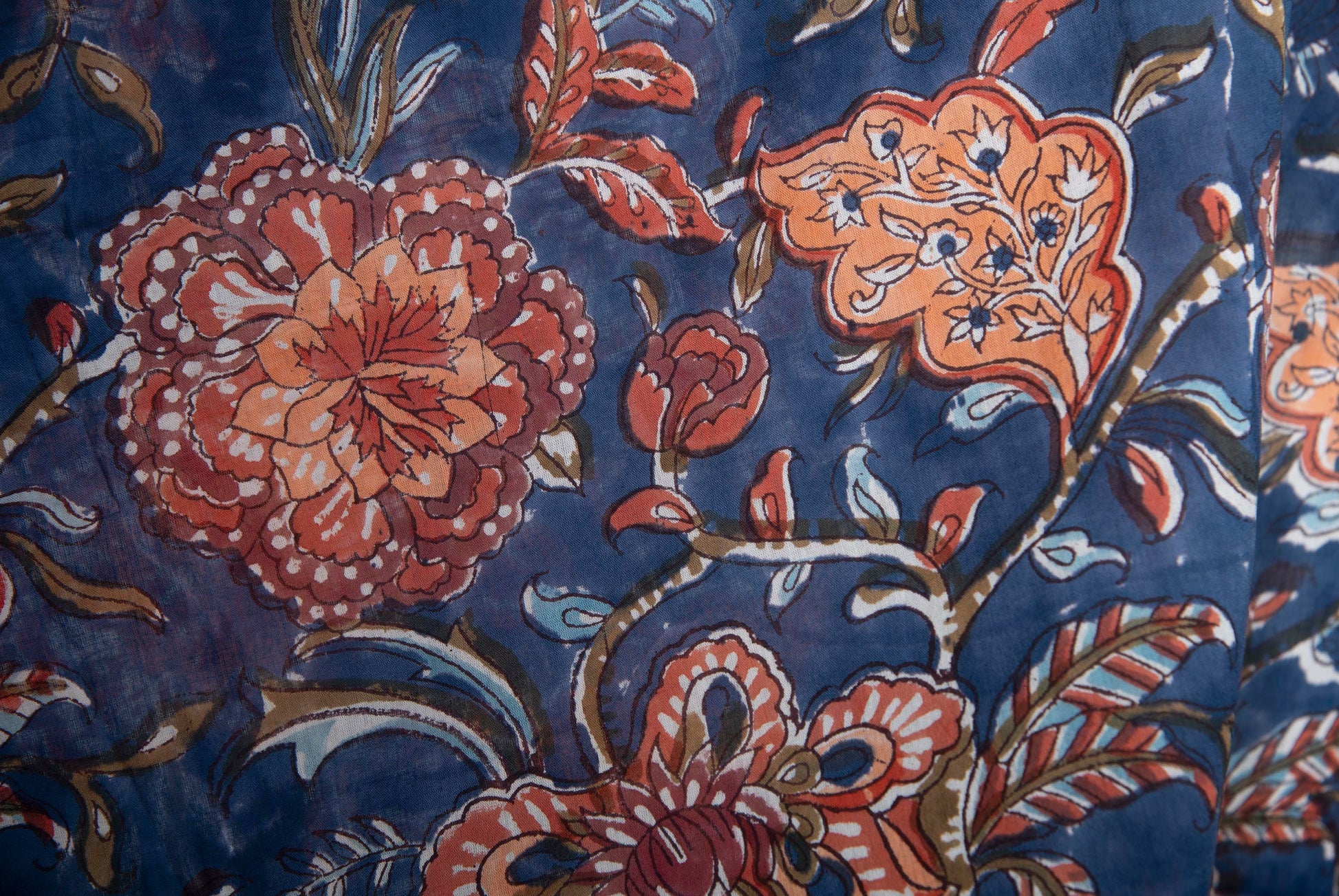 1 yard-Navy blue with rust orange brown floral vine hand block printed cotton fabric-dark blue large floral /quilting/decor/hair bows fabric