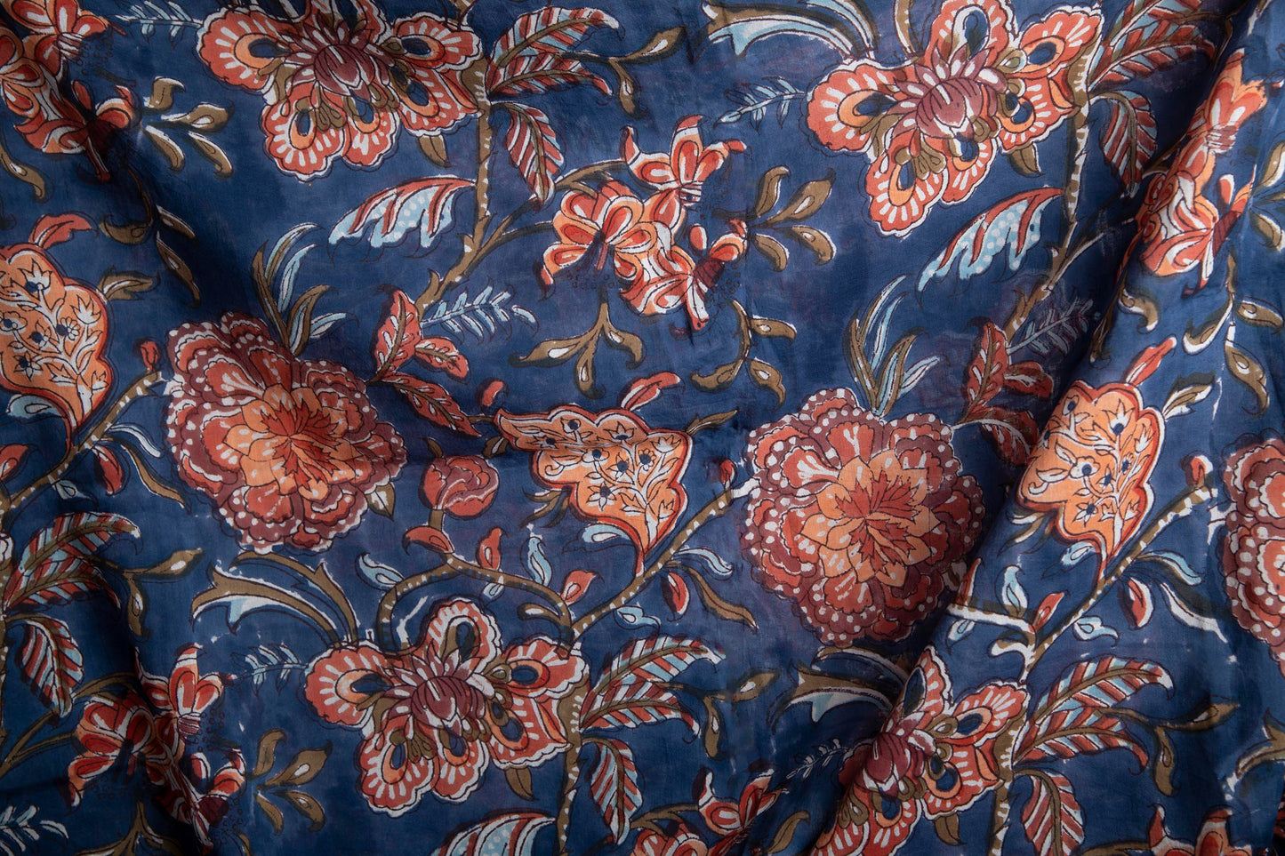 1 yard-Navy blue with rust orange brown floral vine hand block printed cotton fabric-dark blue large floral /quilting/decor/hair bows fabric