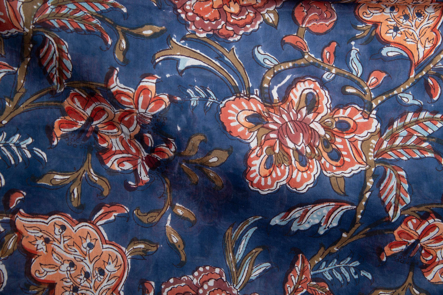 1 yard-Navy blue with rust orange brown floral vine hand block printed cotton fabric-dark blue large floral /quilting/decor/hair bows fabric