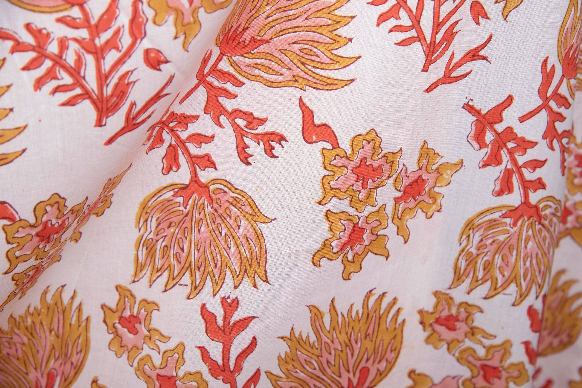 1 yard-Ochre yellow red pink coral floral motifs hand block printed cotton fabric-dress fabric/quilting/decor/hair accessories fabric