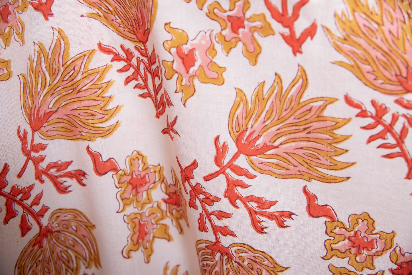 1 yard-Ochre yellow red pink coral floral motifs hand block printed cotton fabric-dress fabric/quilting/decor/hair accessories fabric