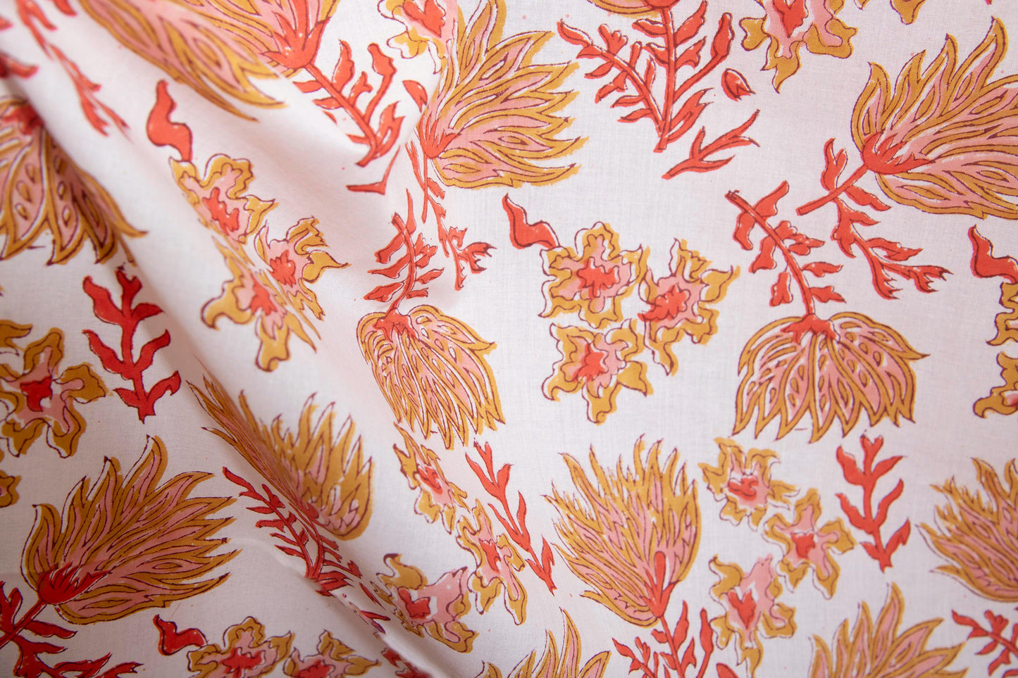 1 yard-Ochre yellow red pink coral floral motifs hand block printed cotton fabric-dress fabric/quilting/decor/hair accessories fabric