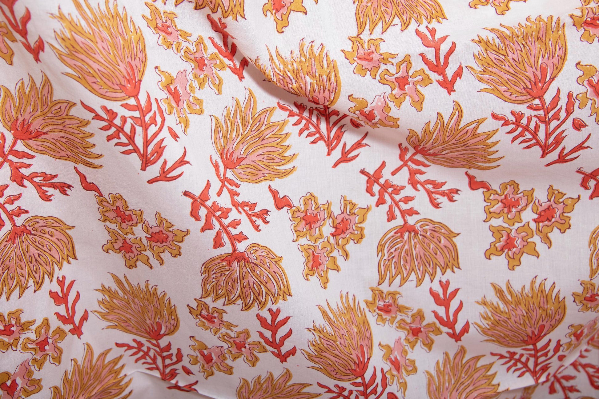 1 yard-Ochre yellow red pink coral floral motifs hand block printed cotton fabric-dress fabric/quilting/decor/hair accessories fabric