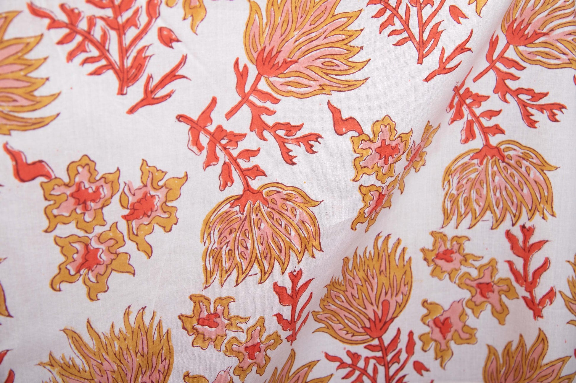 1 yard-Ochre yellow red pink coral floral motifs hand block printed cotton fabric-dress fabric/quilting/decor/hair accessories fabric