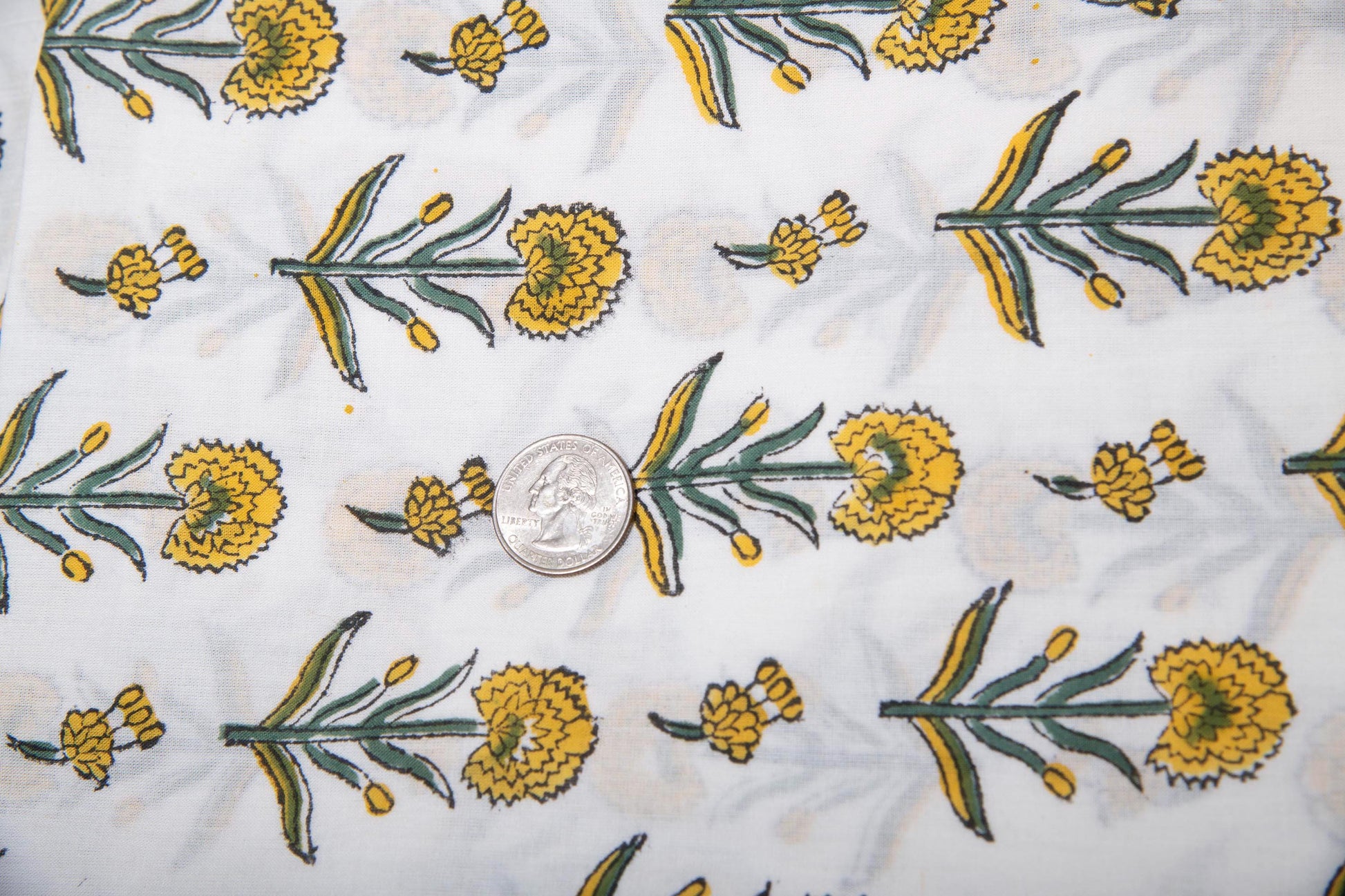 1 yard-yellow marigold small flower motifs on off-white hand block printed cotton fabric-dress fabric/quilting/decor/hair accessories fabric