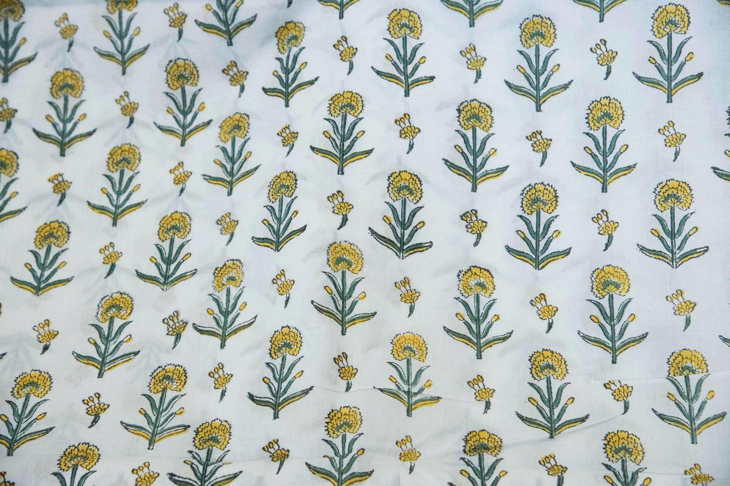 1 yard-yellow marigold small flower motifs on off-white hand block printed cotton fabric-dress fabric/quilting/decor/hair accessories fabric