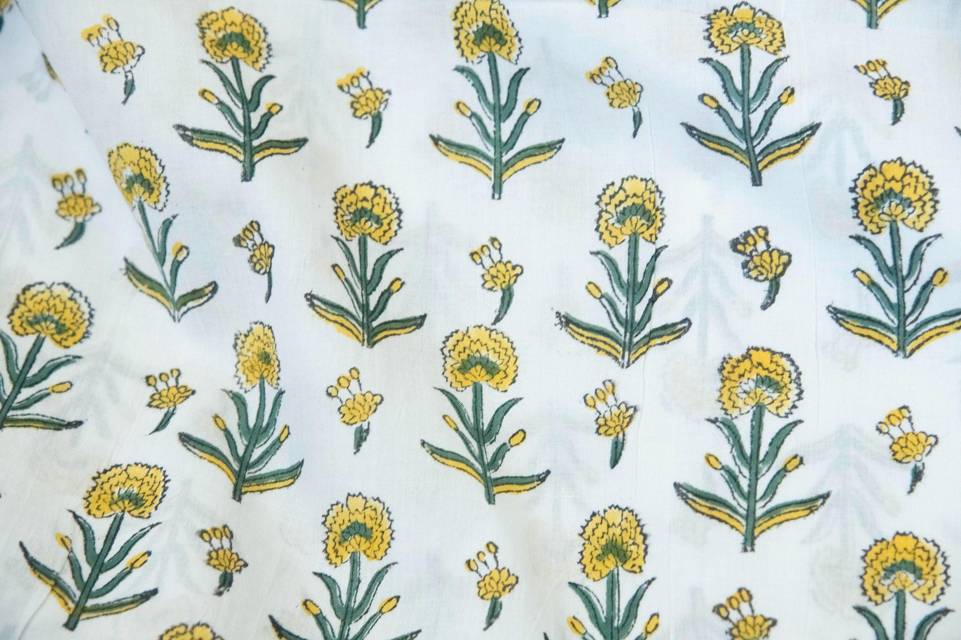 1 yard-yellow marigold small flower motifs on off-white hand block printed cotton fabric-dress fabric/quilting/decor/hair accessories fabric