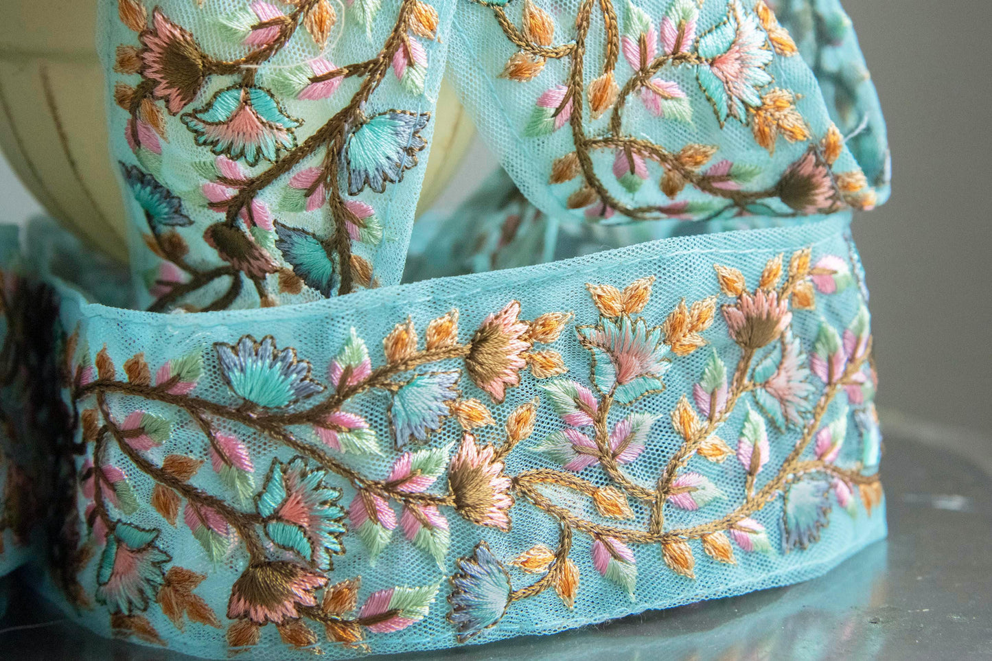 1 yard-Aqua blue floral-orange pink thread embroidery ribbon on mesh fabric-green leaf rose floral trim for bow making, edging-dress making