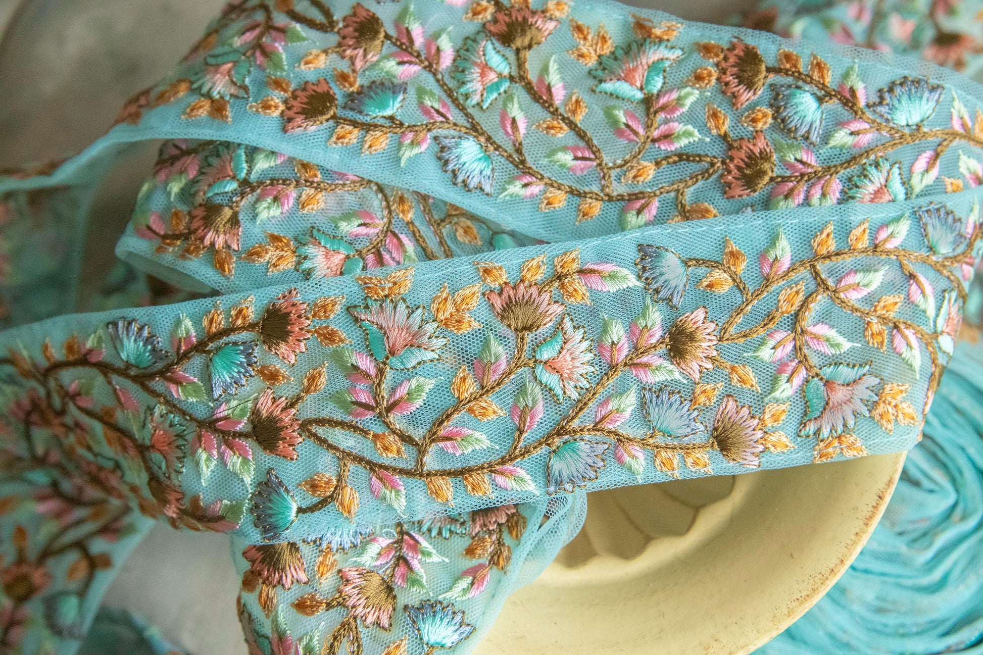 1 yard-Aqua blue floral-orange pink thread embroidery ribbon on mesh fabric-green leaf rose floral trim for bow making, edging-dress making