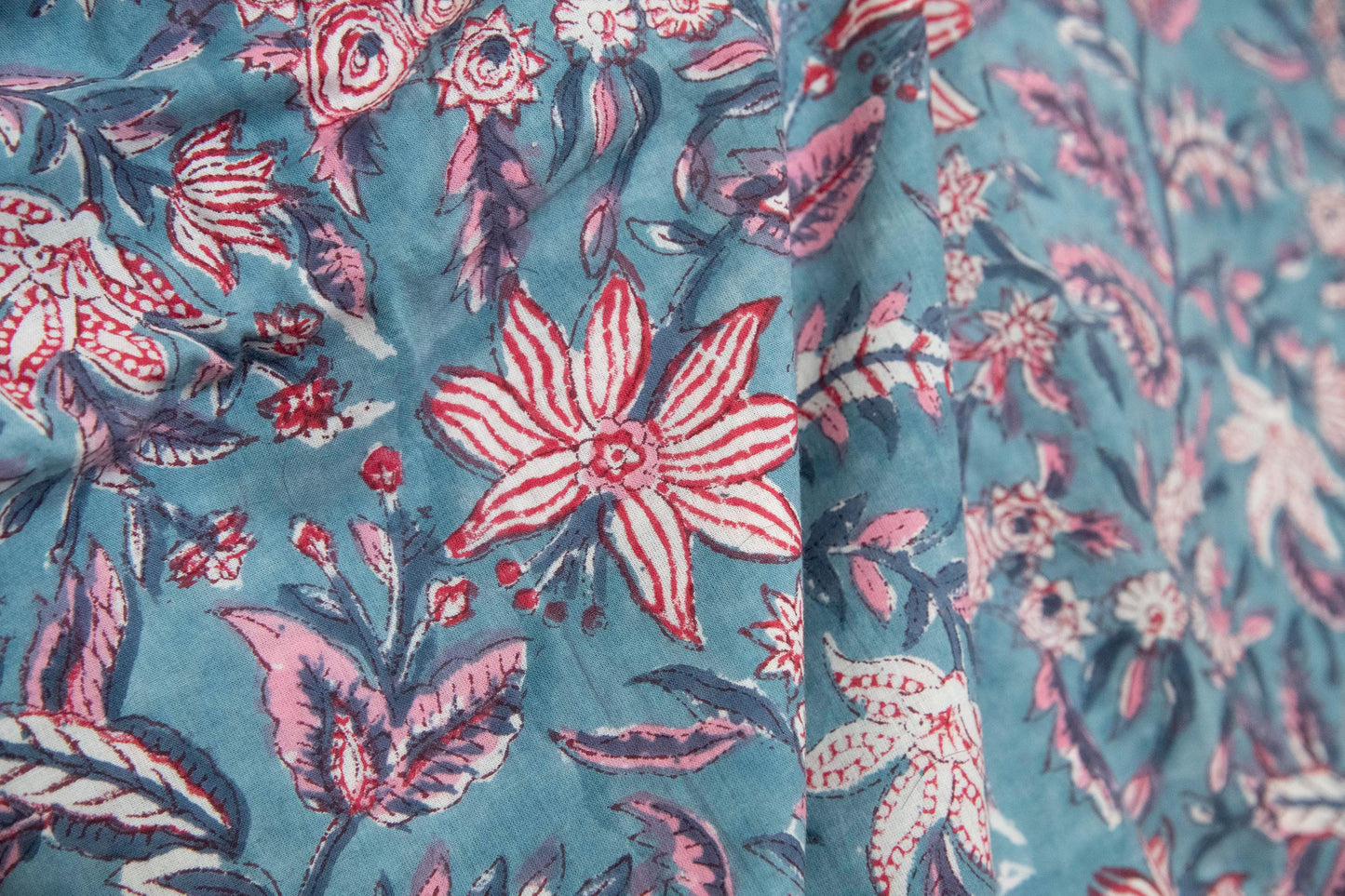 1 yard-Teal blue with pink and red floral vines hand block printed cotton fabric-dress fabric/quilting/decor/hair accessories fabric