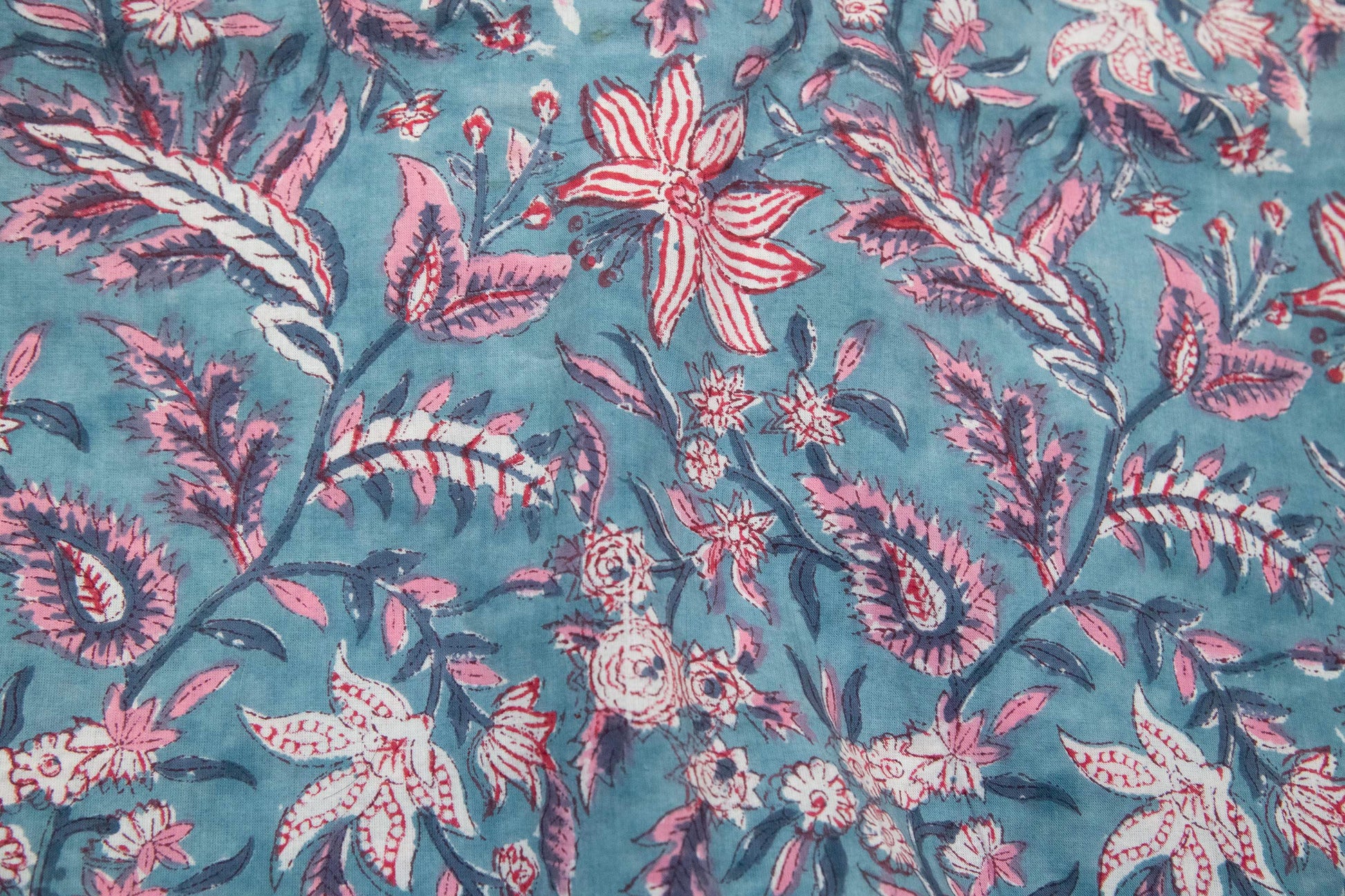 1 yard-Teal blue with pink and red floral vines hand block printed cotton fabric-dress fabric/quilting/decor/hair accessories fabric