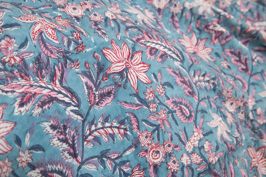 1 yard-Teal blue with pink and red floral vines hand block printed cotton fabric-dress fabric/quilting/decor/hair accessories fabric