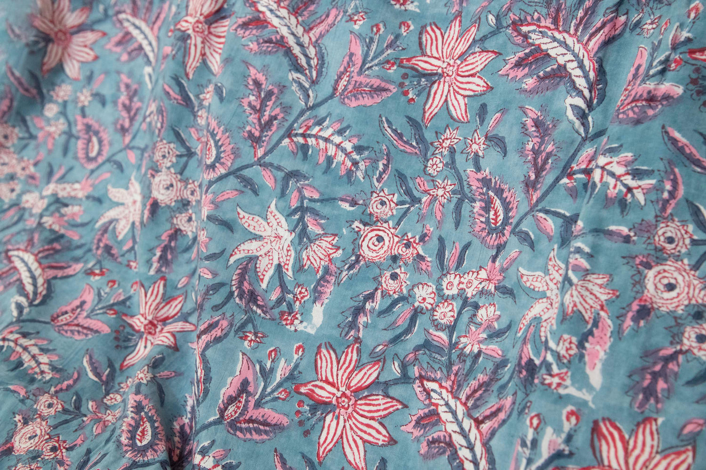 1 yard-Teal blue with pink and red floral vines hand block printed cotton fabric-dress fabric/quilting/decor/hair accessories fabric