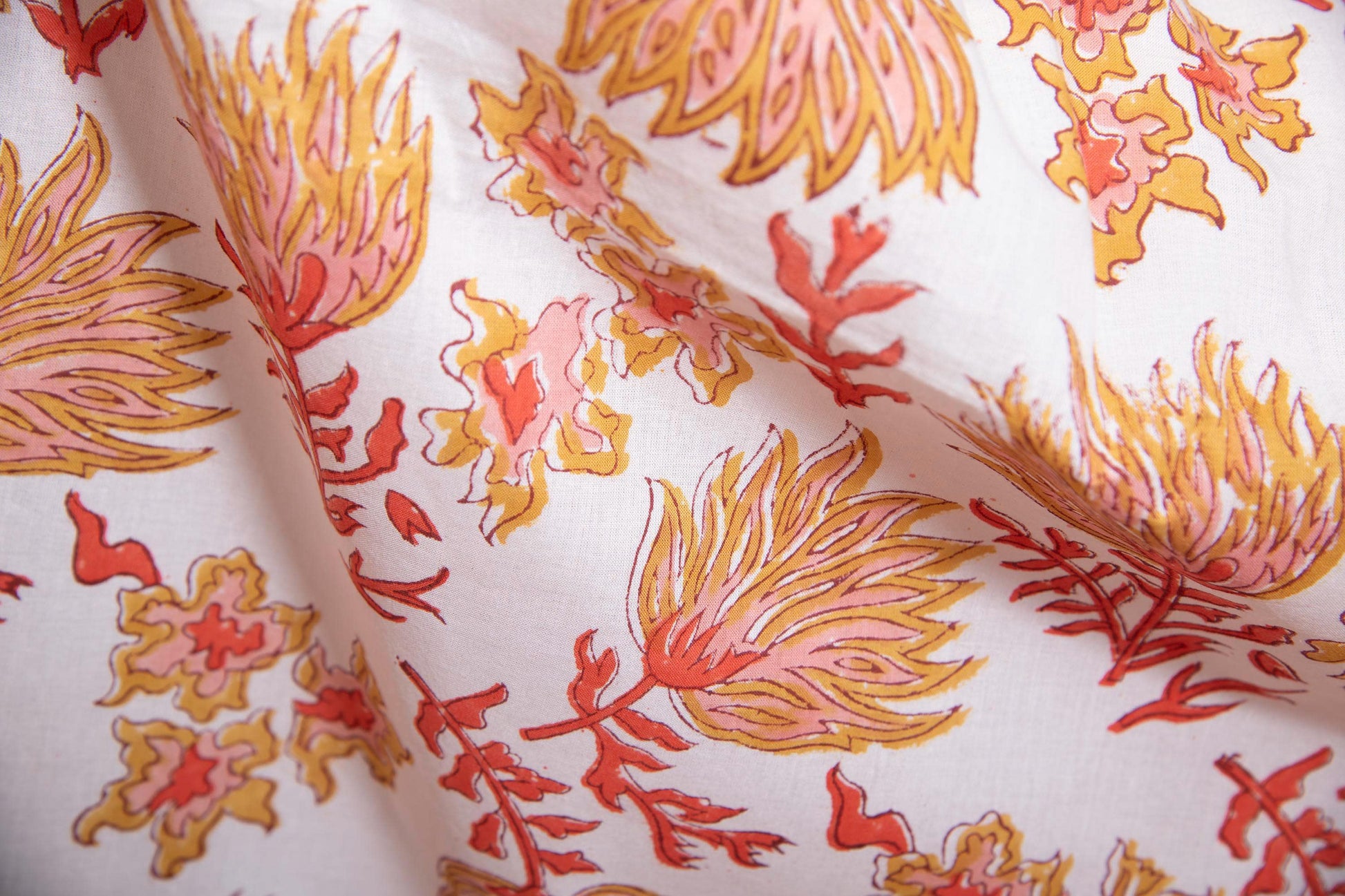 1 yard-Ochre yellow red pink coral floral motifs hand block printed cotton fabric-dress fabric/quilting/decor/hair accessories fabric