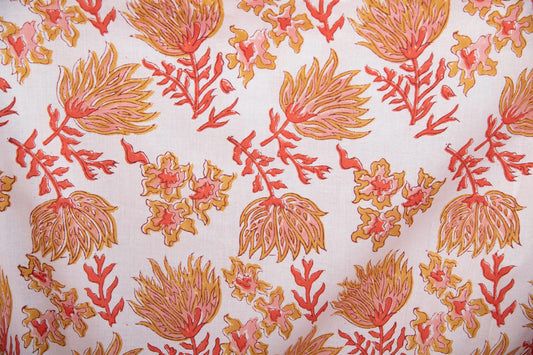 1 yard-Ochre yellow red pink coral floral motifs hand block printed cotton fabric-dress fabric/quilting/decor/hair accessories fabric