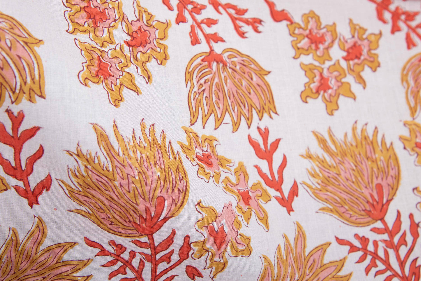 1 yard-Ochre yellow red pink coral floral motifs hand block printed cotton fabric-dress fabric/quilting/decor/hair accessories fabric