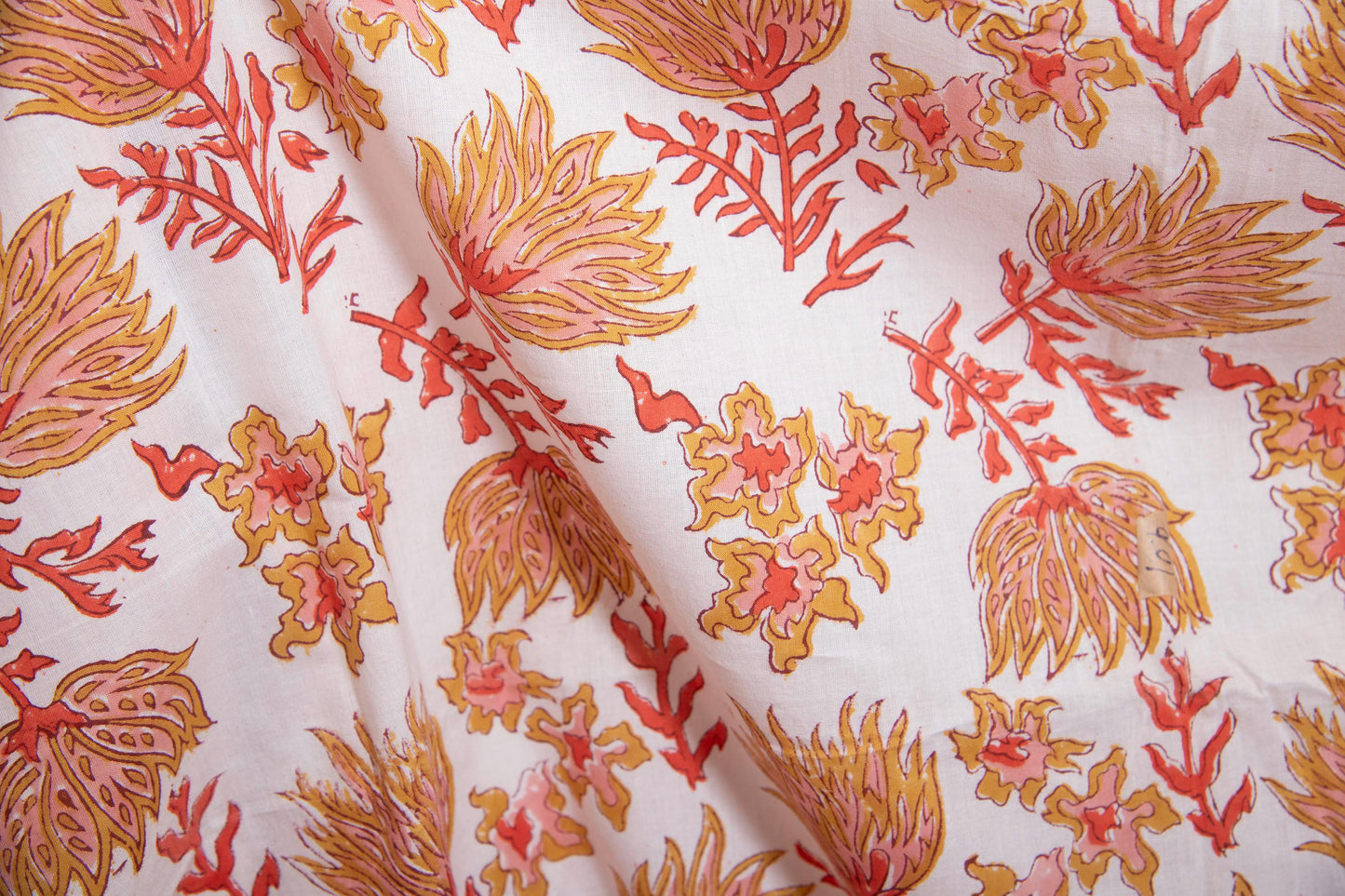 1 yard-Ochre yellow red pink coral floral motifs hand block printed cotton fabric-dress fabric/quilting/decor/hair accessories fabric