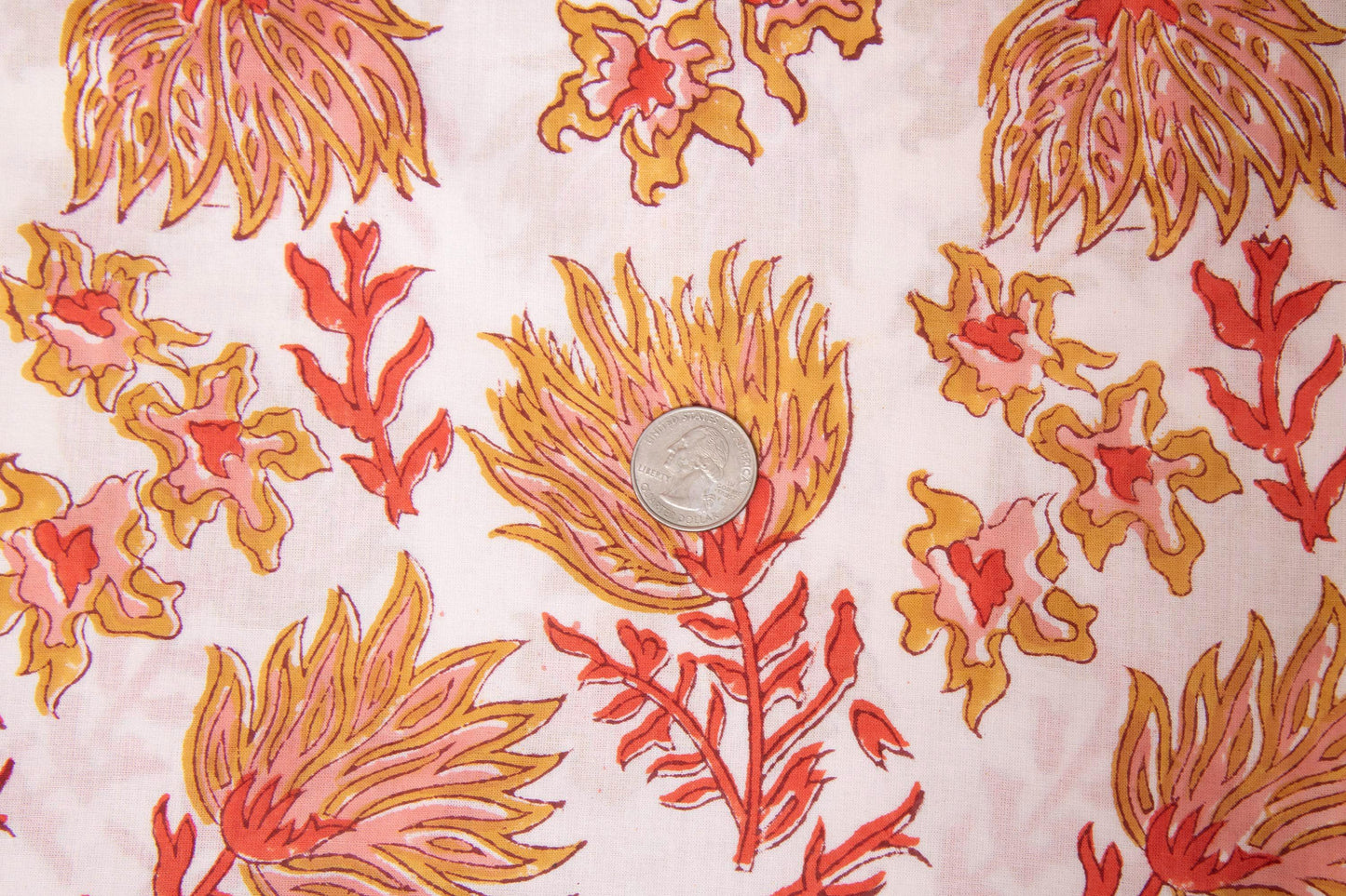 1 yard-Ochre yellow red pink coral floral motifs hand block printed cotton fabric-dress fabric/quilting/decor/hair accessories fabric