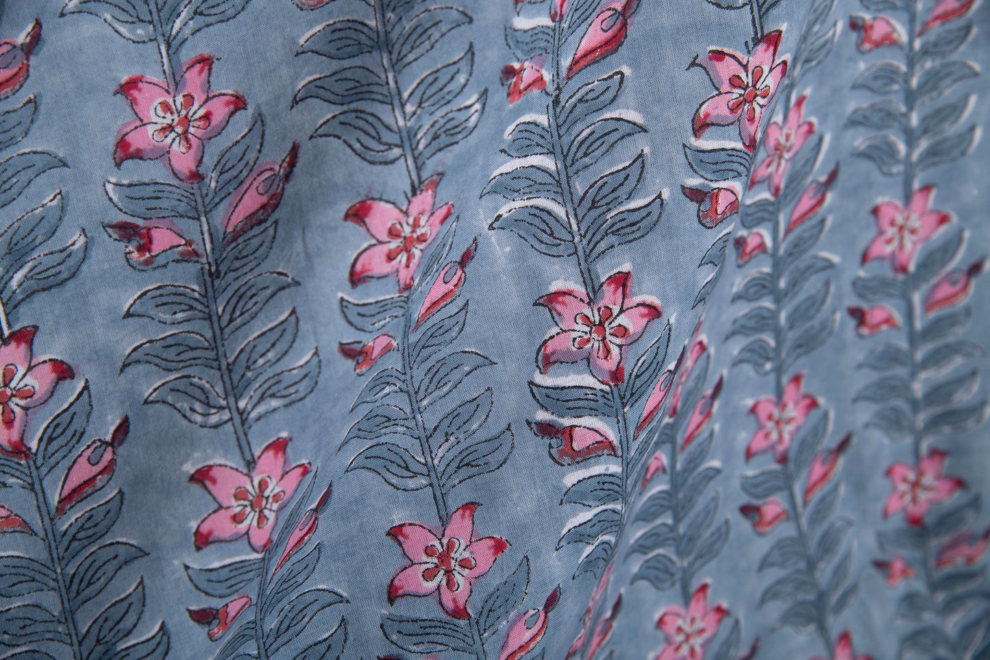 1 yard-Denim blue with pink flower stem vines hand block printed cotton fabric-dress fabric/quilting/decor/hair accessories fabric