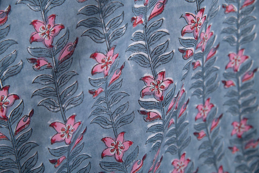 1 yard-Denim blue with pink flower stem vines hand block printed cotton fabric-dress fabric/quilting/decor/hair accessories fabric