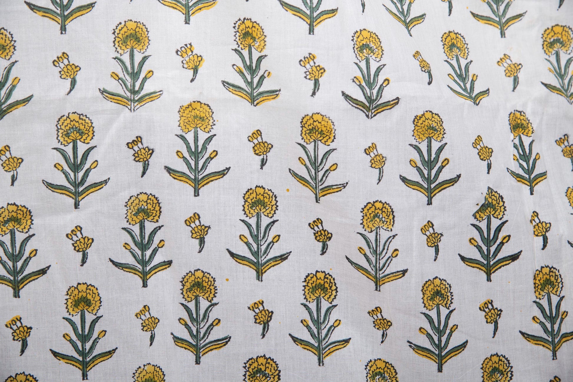 1 yard-yellow marigold small flower motifs on off-white hand block printed cotton fabric-dress fabric/quilting/decor/hair accessories fabric