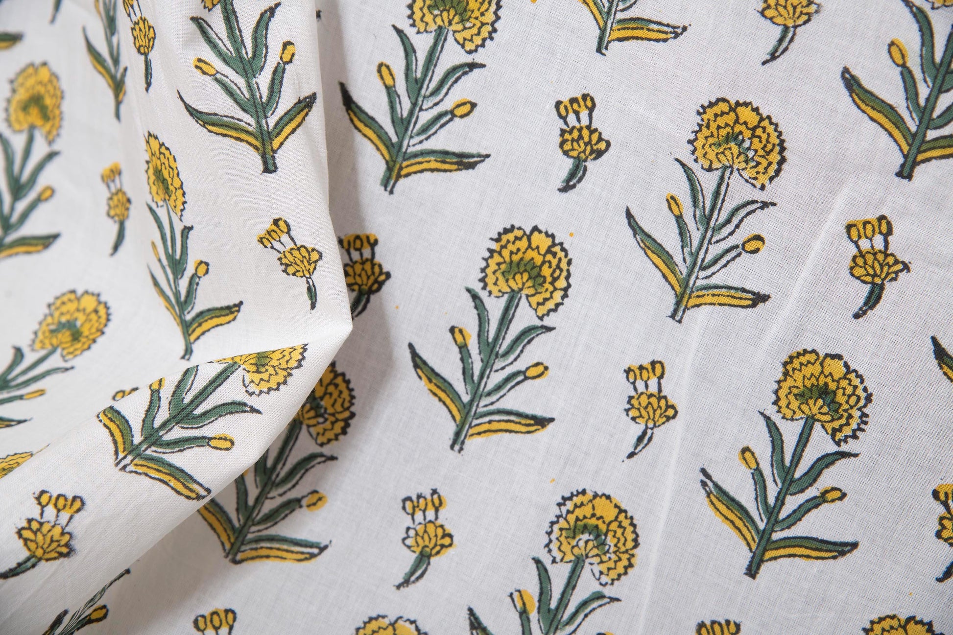 1 yard-yellow marigold small flower motifs on off-white hand block printed cotton fabric-dress fabric/quilting/decor/hair accessories fabric