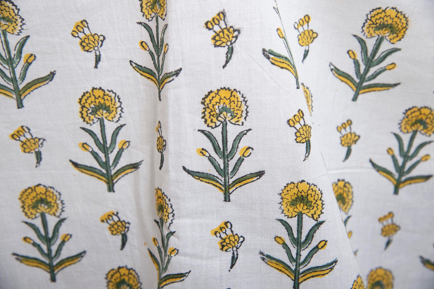 1 yard-yellow marigold small flower motifs on off-white hand block printed cotton fabric-dress fabric/quilting/decor/hair accessories fabric